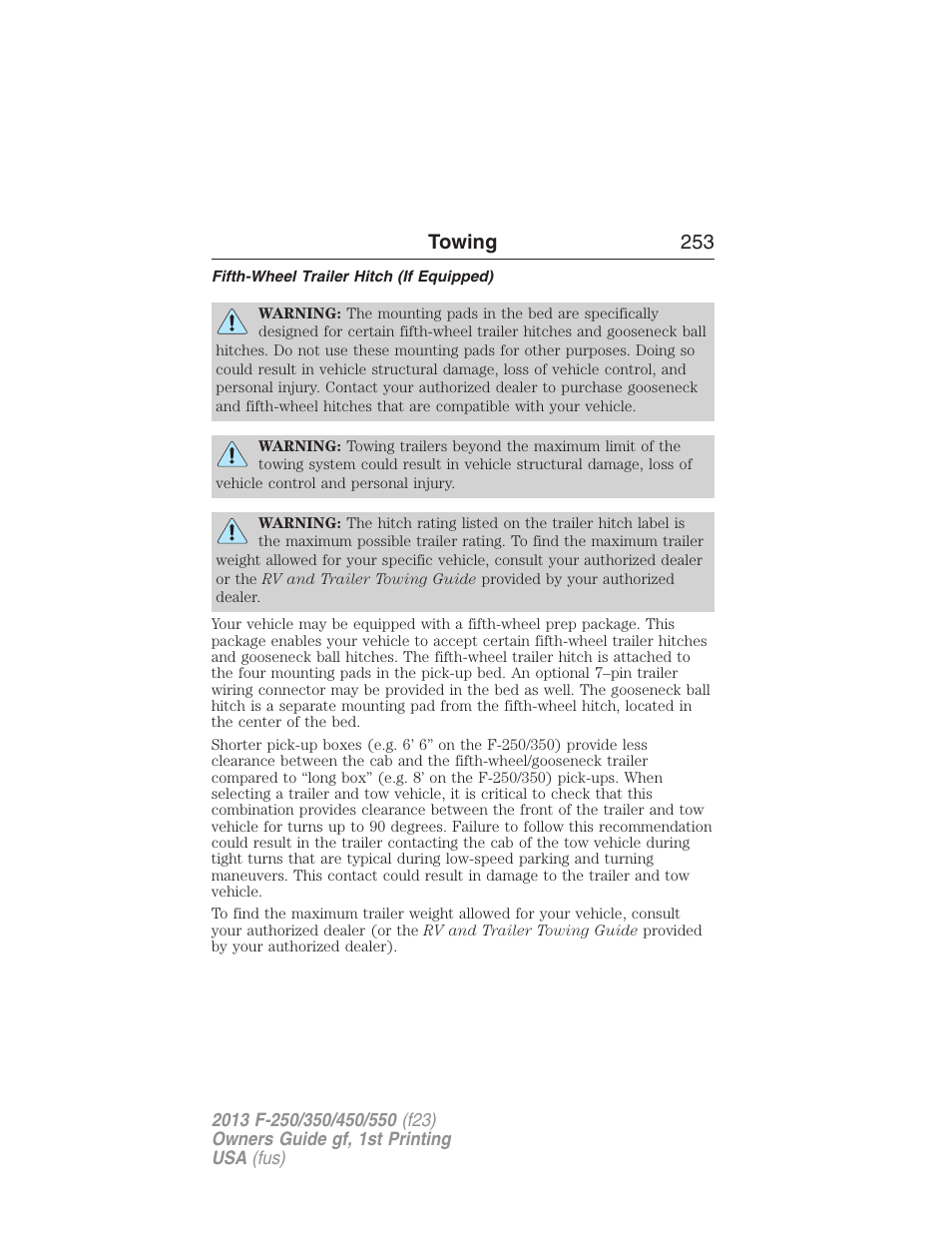 Fifth-wheel trailer hitch (if equipped), Towing 253 | FORD 2013 F-550 v.1 User Manual | Page 254 / 563