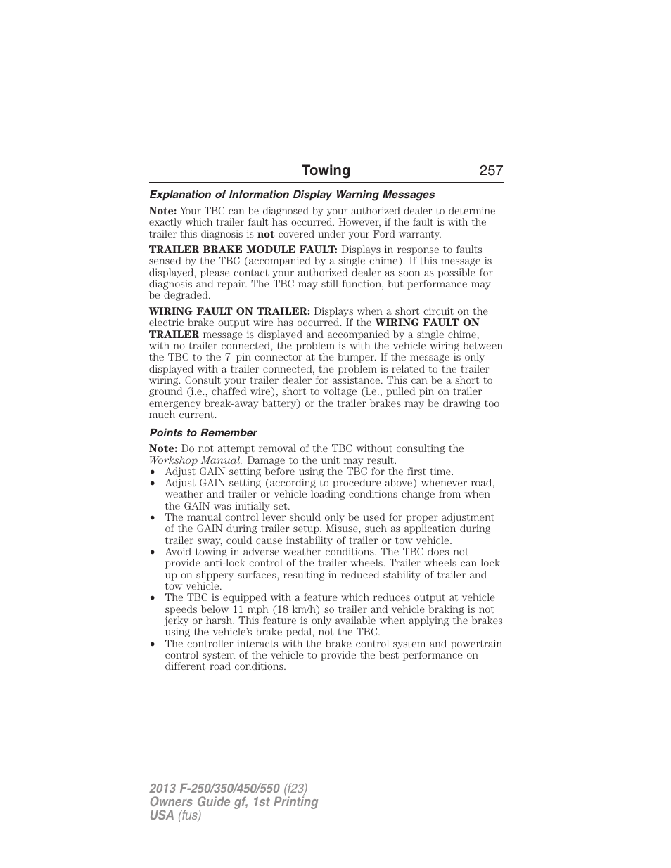 Points to remember, Towing 257 | FORD 2013 F-550 v.1 User Manual | Page 258 / 563