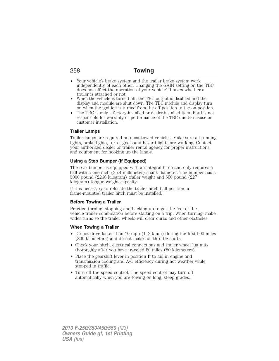 Trailer lamps, Using a step bumper (if equipped), Before towing a trailer | When towing a trailer, 258 towing | FORD 2013 F-550 v.1 User Manual | Page 259 / 563