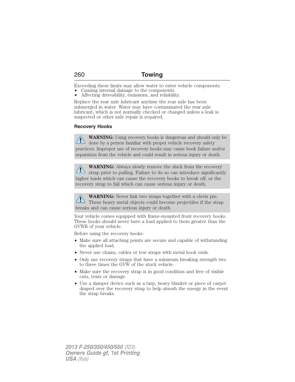 Recovery hooks, 260 towing | FORD 2013 F-550 v.1 User Manual | Page 261 / 563