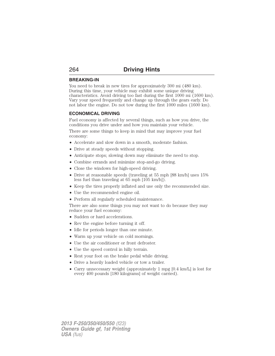 Driving hints, Breaking-in, Economical driving | 264 driving hints | FORD 2013 F-550 v.1 User Manual | Page 265 / 563