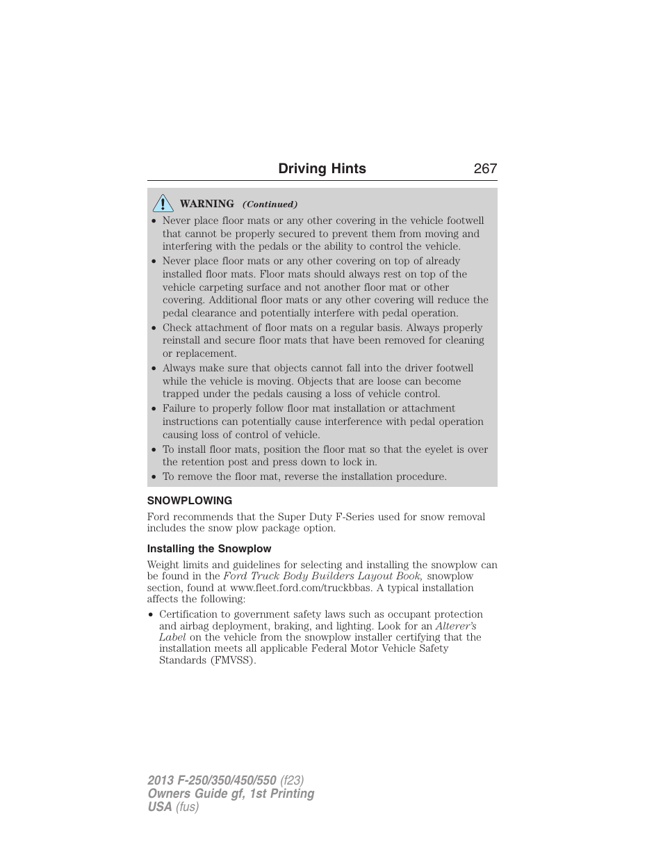 Snowplowing, Installing the snowplow, Driving hints 267 | FORD 2013 F-550 v.1 User Manual | Page 268 / 563