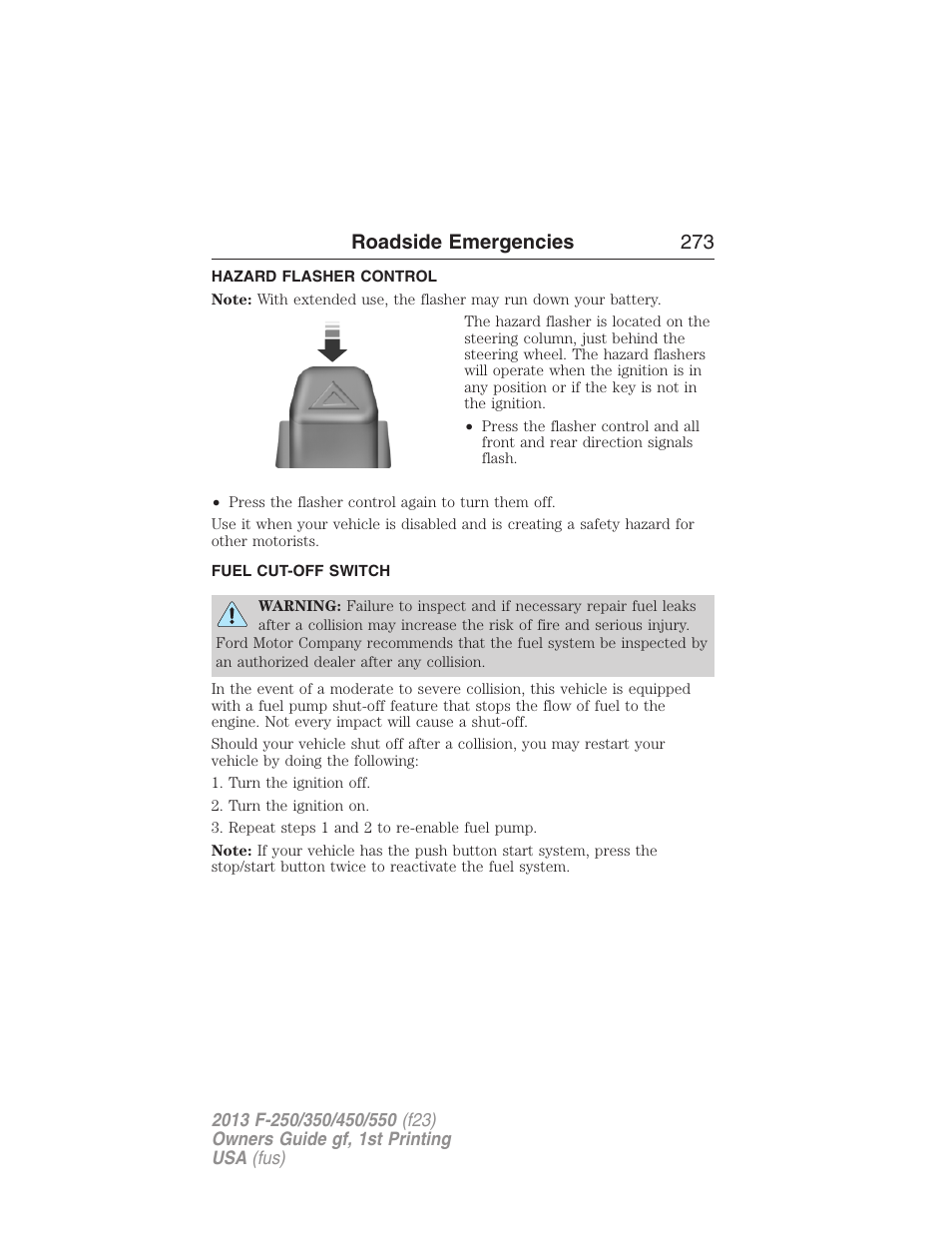 Hazard flasher control, Fuel cut-off switch, Roadside emergencies 273 | FORD 2013 F-550 v.1 User Manual | Page 274 / 563