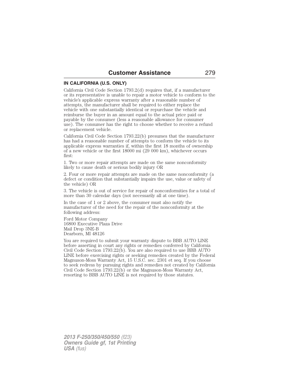 In california (u.s. only), Customer assistance 279 | FORD 2013 F-550 v.1 User Manual | Page 280 / 563