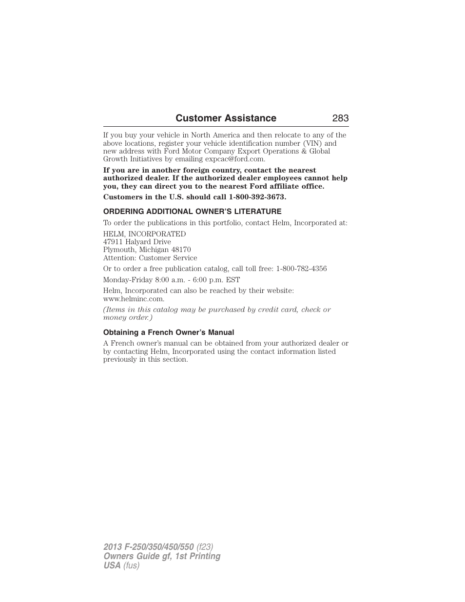 Ordering additional owner’s literature, Obtaining a french owner’s manual, Customer assistance 283 | FORD 2013 F-550 v.1 User Manual | Page 284 / 563