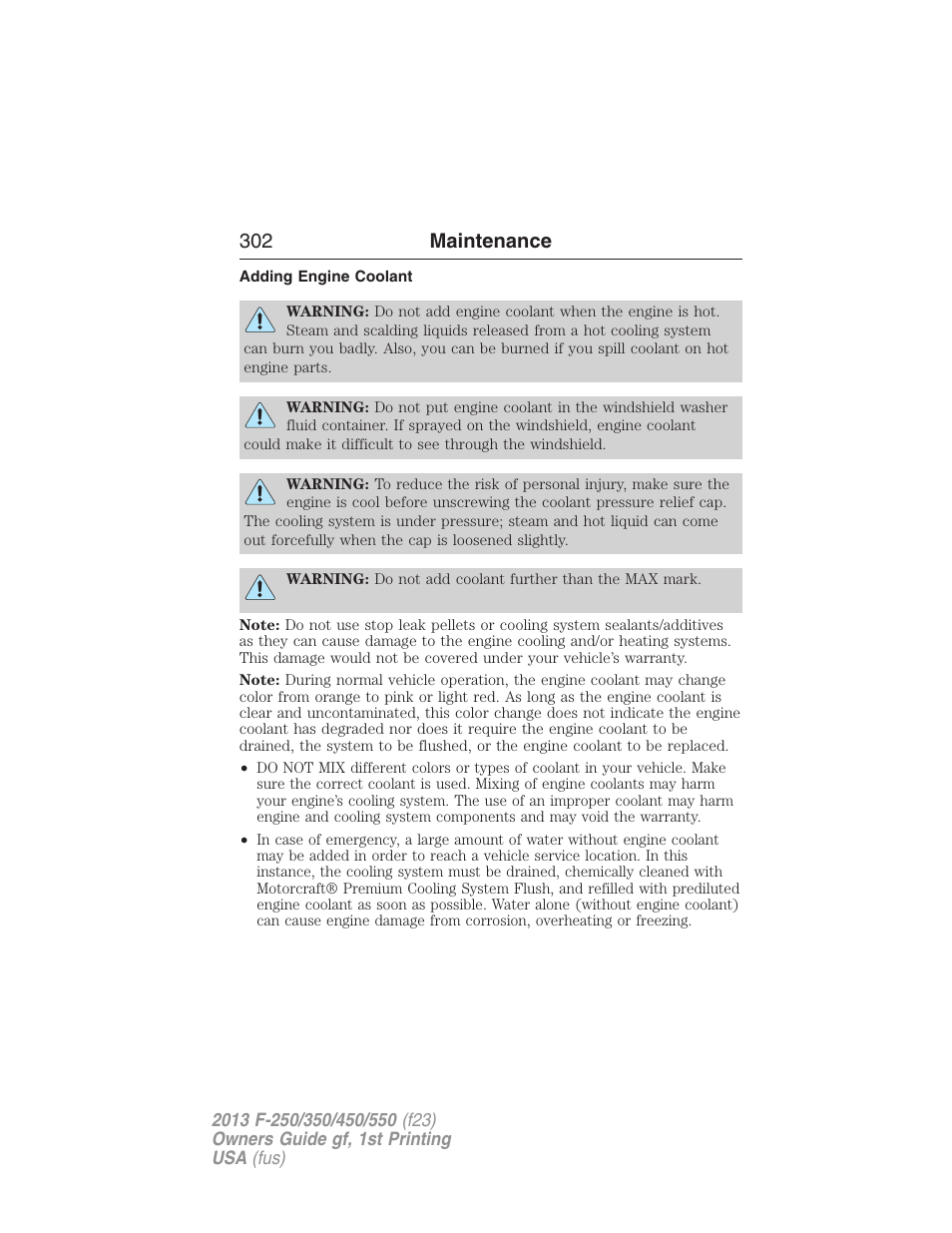 Adding engine coolant, 302 maintenance | FORD 2013 F-550 v.1 User Manual | Page 303 / 563