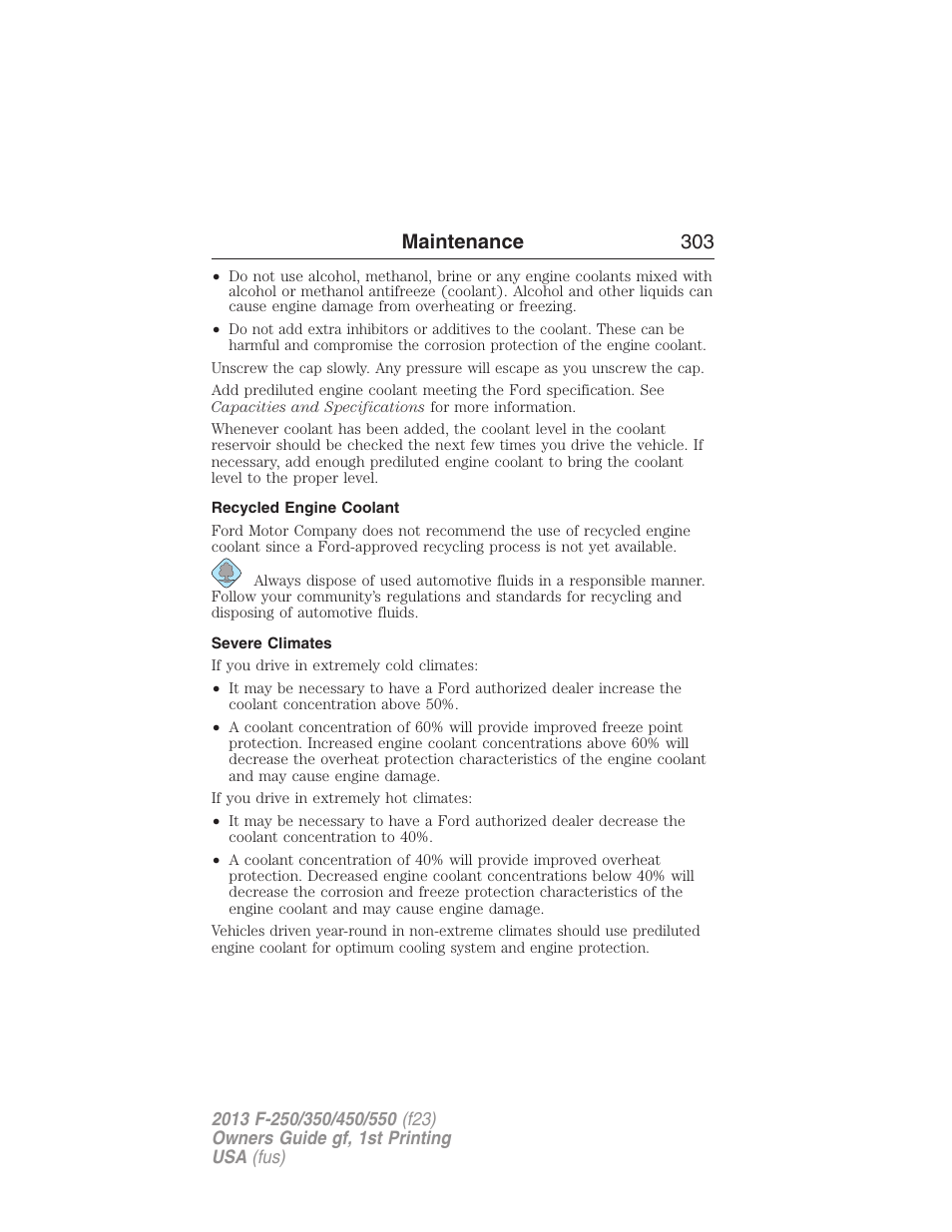 Recycled engine coolant, Severe climates, Maintenance 303 | FORD 2013 F-550 v.1 User Manual | Page 304 / 563