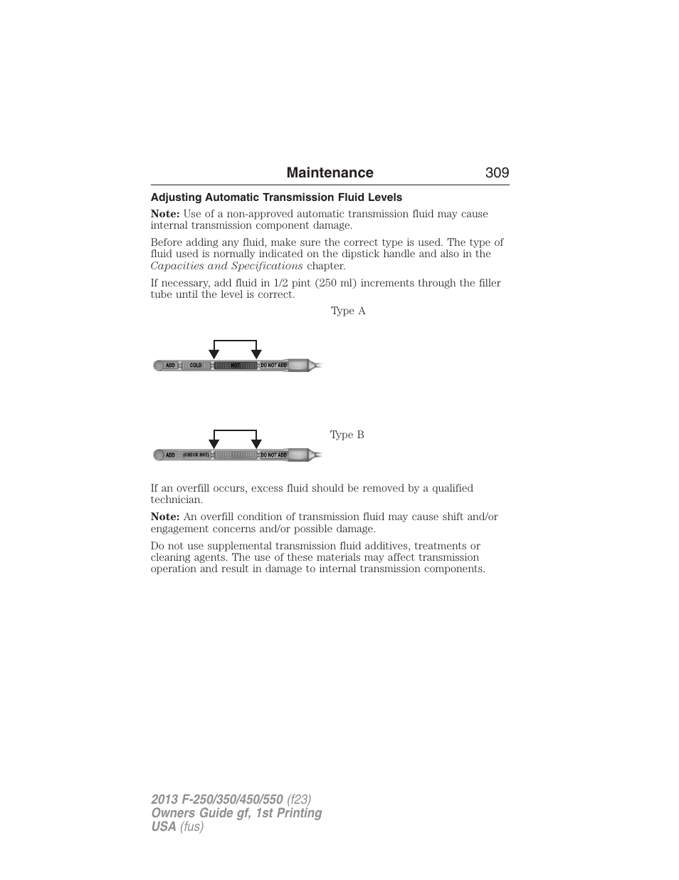 Adjusting automatic transmission fluid levels, Maintenance 309 | FORD 2013 F-550 v.1 User Manual | Page 310 / 563