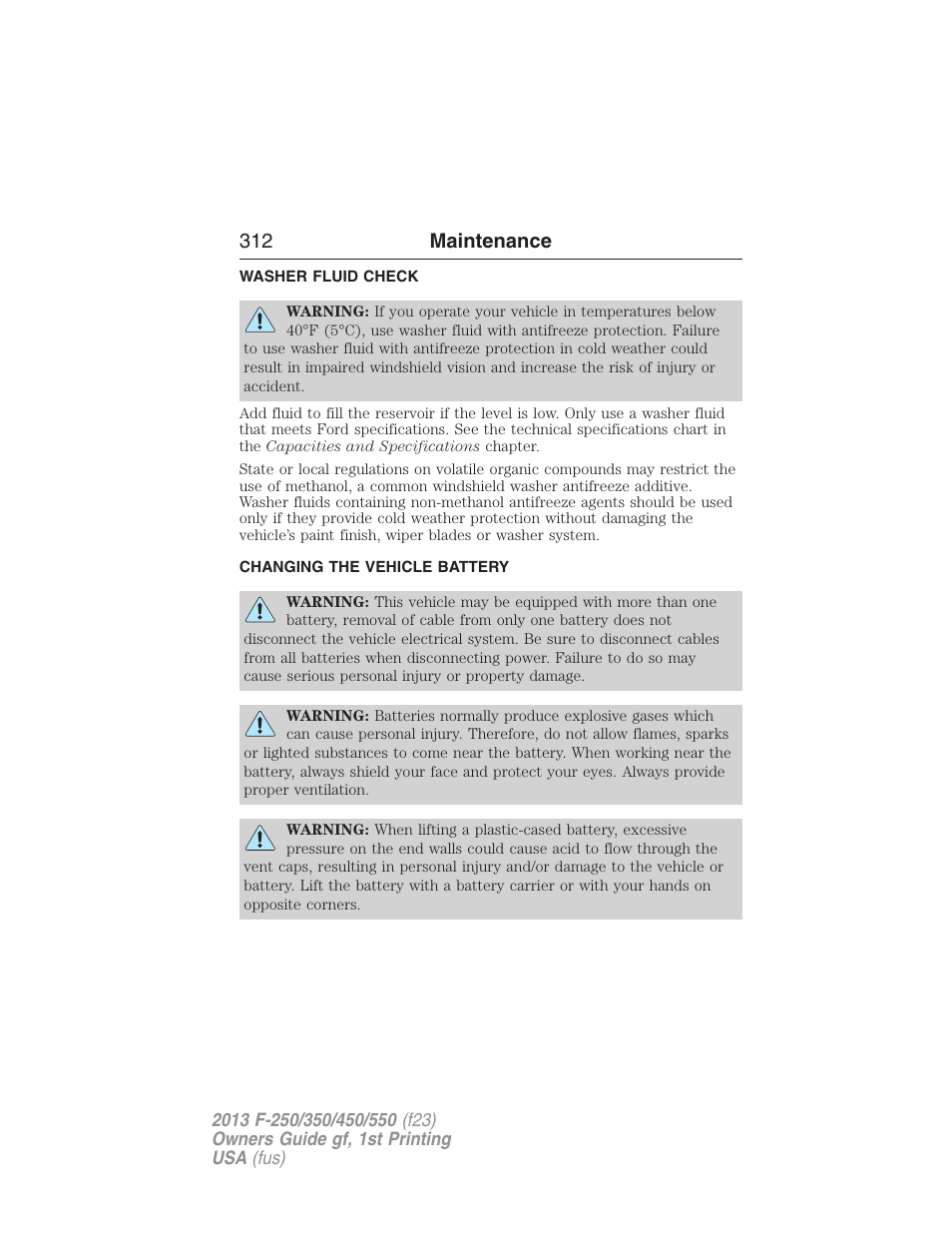 Washer fluid check, Changing the vehicle battery, 312 maintenance | FORD 2013 F-550 v.1 User Manual | Page 313 / 563