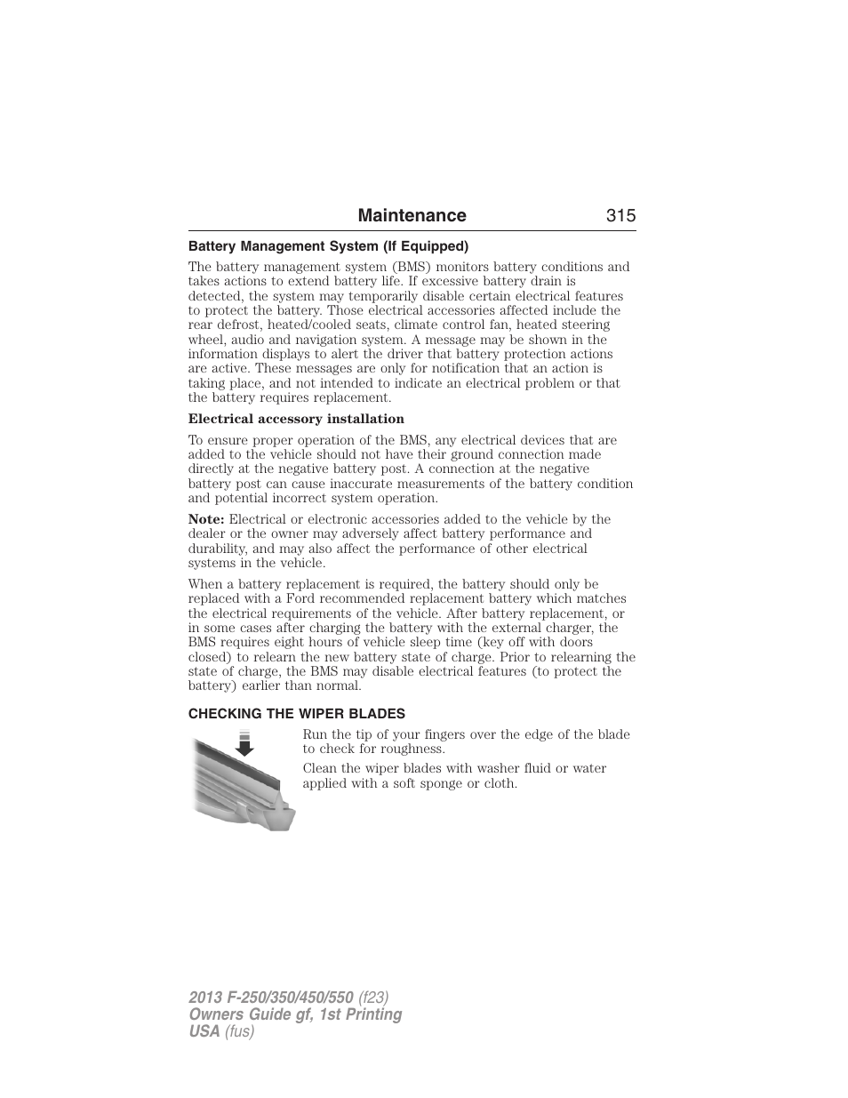 Battery management system (if equipped), Checking the wiper blades, Maintenance 315 | FORD 2013 F-550 v.1 User Manual | Page 316 / 563