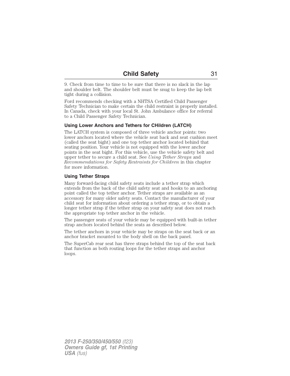 Using tether straps, Child safety 31 | FORD 2013 F-550 v.1 User Manual | Page 32 / 563