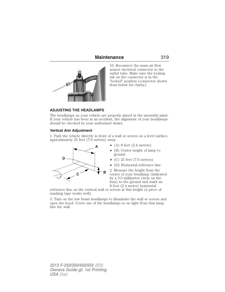 Adjusting the headlamps, Vertical aim adjustment, Maintenance 319 | FORD 2013 F-550 v.1 User Manual | Page 320 / 563