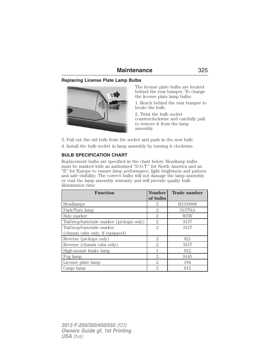 Replacing license plate lamp bulbs, Bulb specification chart, Maintenance 325 | FORD 2013 F-550 v.1 User Manual | Page 326 / 563