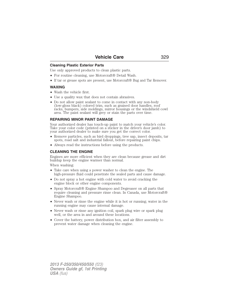 Cleaning plastic exterior parts, Waxing, Repairing minor paint damage | Cleaning the engine, Vehicle care 329 | FORD 2013 F-550 v.1 User Manual | Page 330 / 563