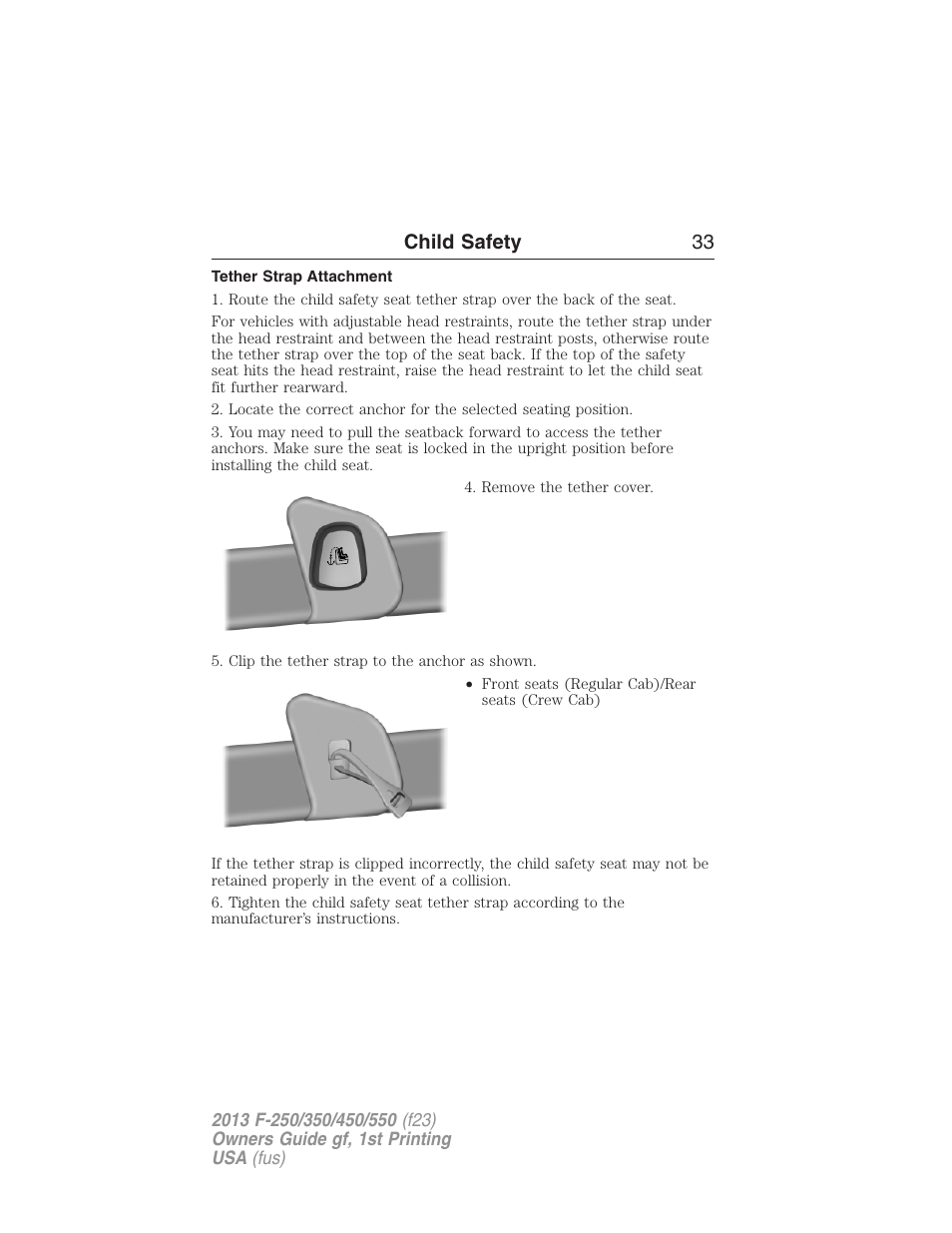 Tether strap attachment, Child safety 33 | FORD 2013 F-550 v.1 User Manual | Page 34 / 563