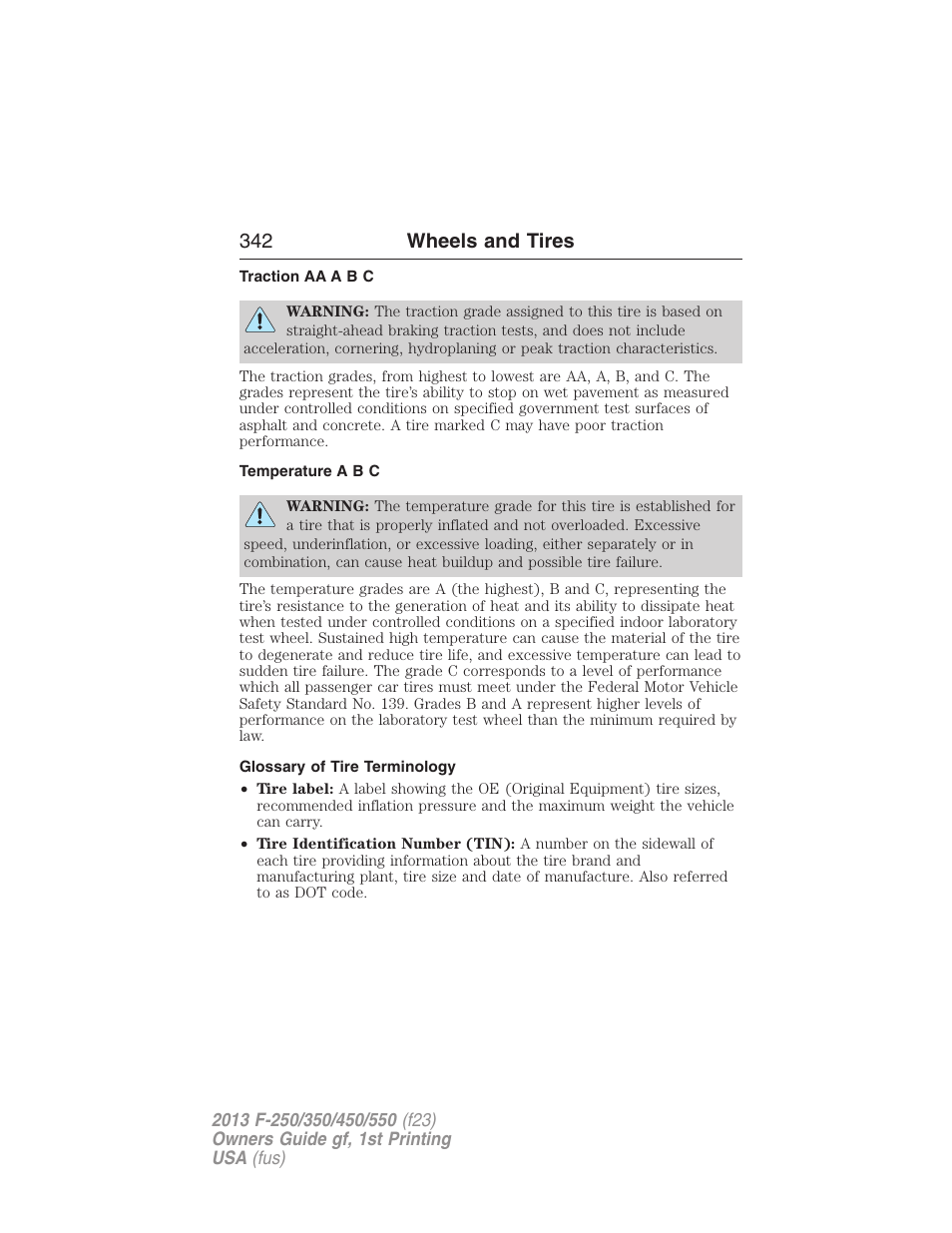 Traction aa a b c, Temperature a b c, Glossary of tire terminology | 342 wheels and tires | FORD 2013 F-550 v.1 User Manual | Page 343 / 563