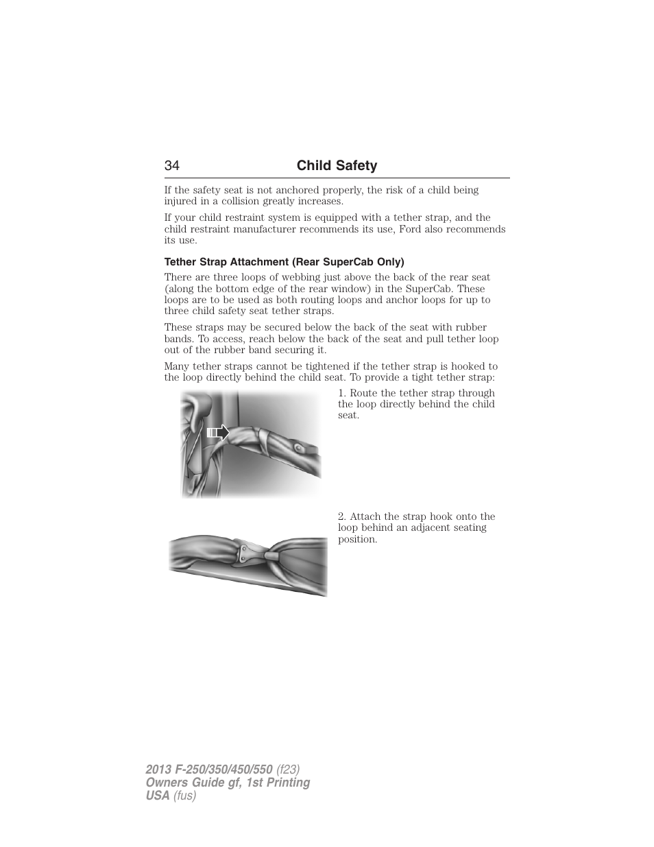 Tether strap attachment (rear supercab only), 34 child safety | FORD 2013 F-550 v.1 User Manual | Page 35 / 563