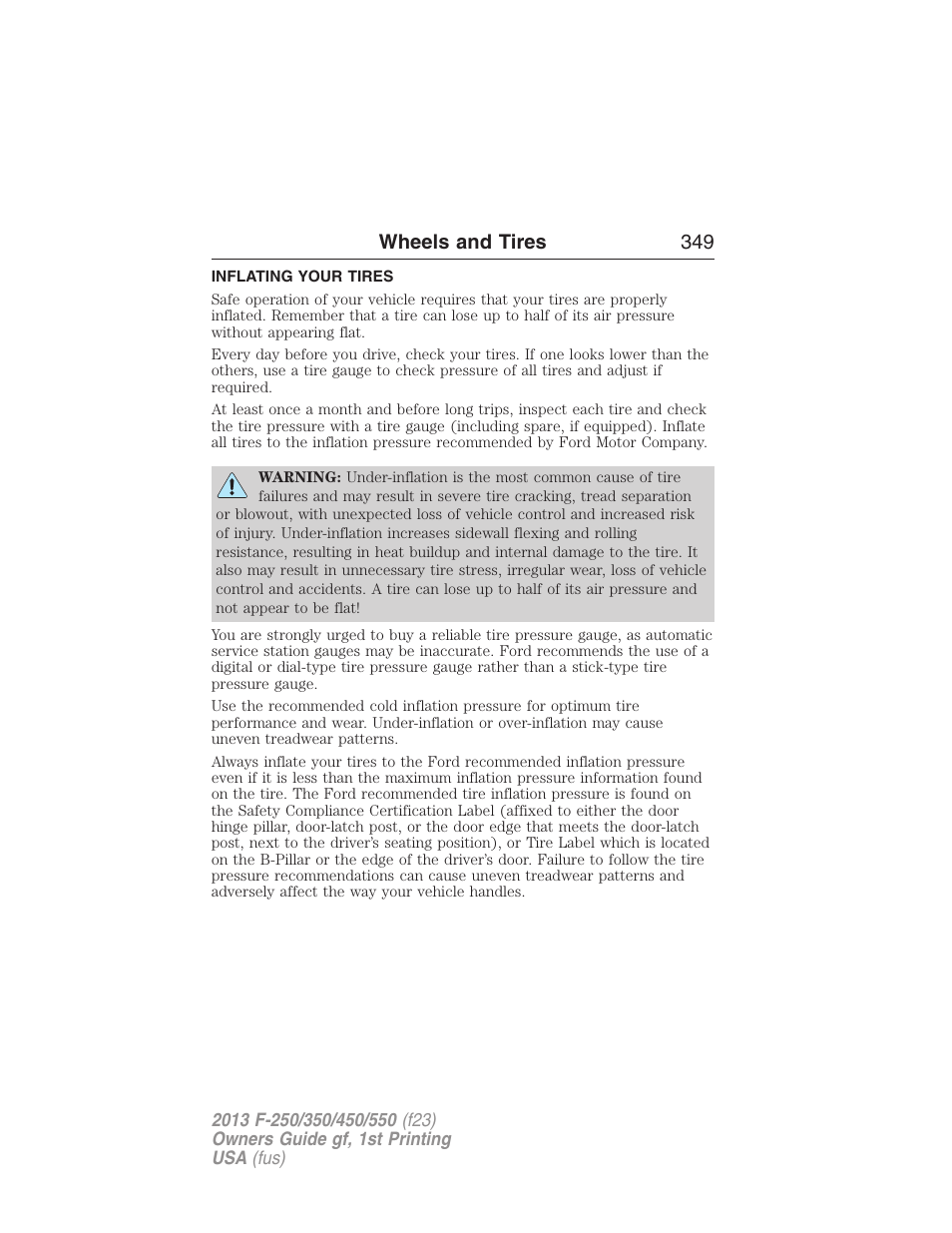 Inflating your tires, Wheels and tires 349 | FORD 2013 F-550 v.1 User Manual | Page 350 / 563