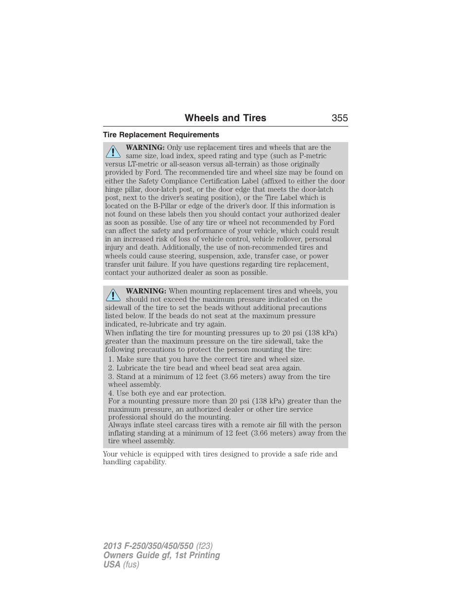 Tire replacement requirements, Wheels and tires 355 | FORD 2013 F-550 v.1 User Manual | Page 356 / 563