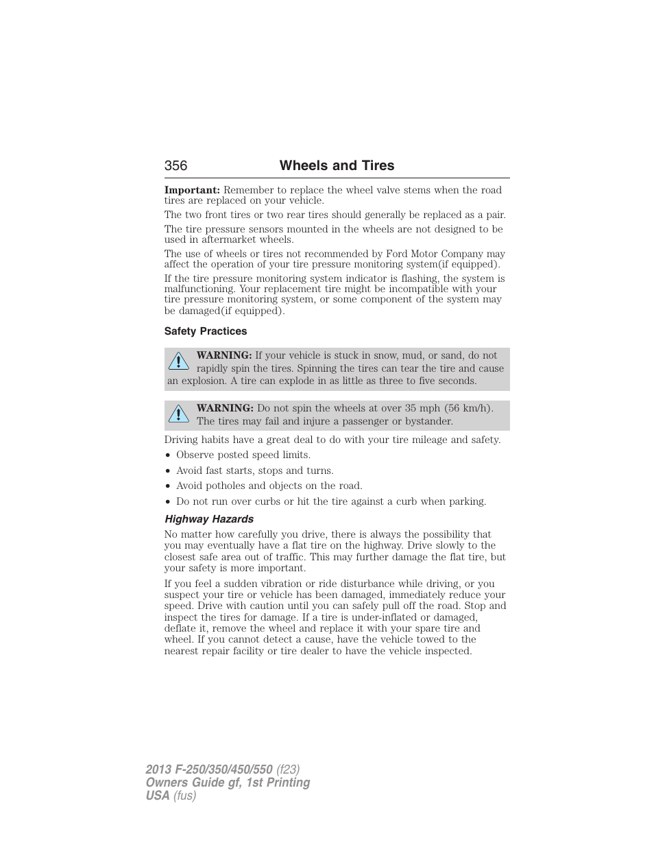 Safety practices, Highway hazards, 356 wheels and tires | FORD 2013 F-550 v.1 User Manual | Page 357 / 563