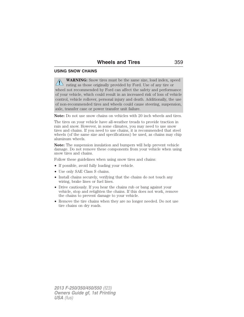 Using snow chains, Wheels and tires 359 | FORD 2013 F-550 v.1 User Manual | Page 360 / 563