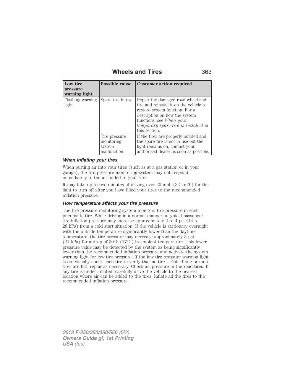 When inflating your tires, How temperature affects your tire pressure, Wheels and tires 363 | FORD 2013 F-550 v.1 User Manual | Page 364 / 563