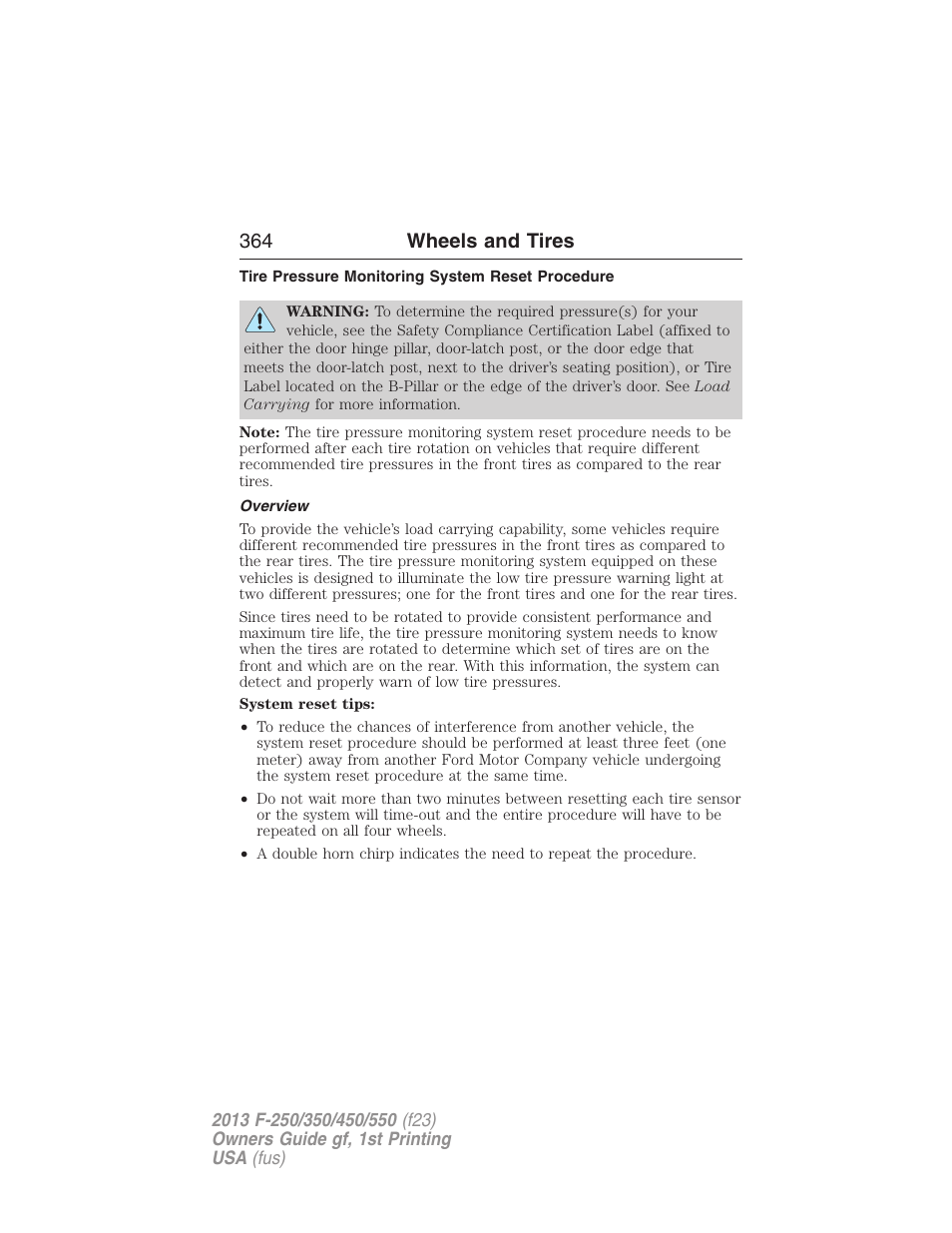 Tire pressure monitoring system reset procedure, Overview, 364 wheels and tires | FORD 2013 F-550 v.1 User Manual | Page 365 / 563