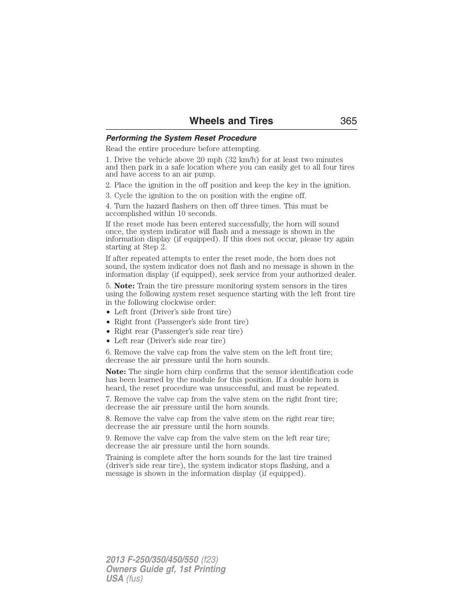 Performing the system reset procedure, Wheels and tires 365 | FORD 2013 F-550 v.1 User Manual | Page 366 / 563