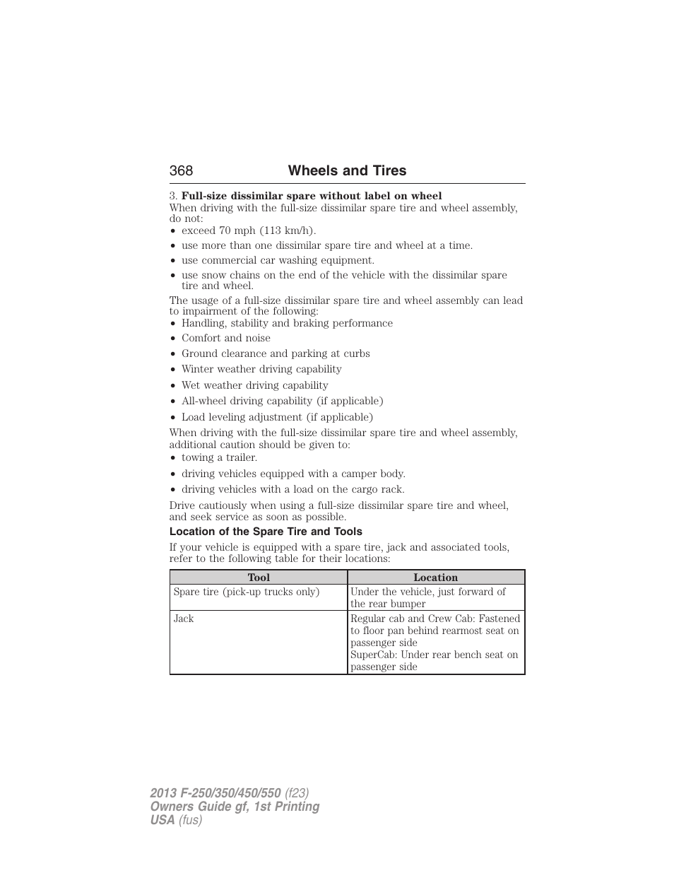 Location of the spare tire and tools, 368 wheels and tires | FORD 2013 F-550 v.1 User Manual | Page 369 / 563