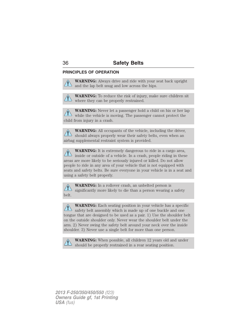 Safety belts, Principles of operation, 36 safety belts | FORD 2013 F-550 v.1 User Manual | Page 37 / 563