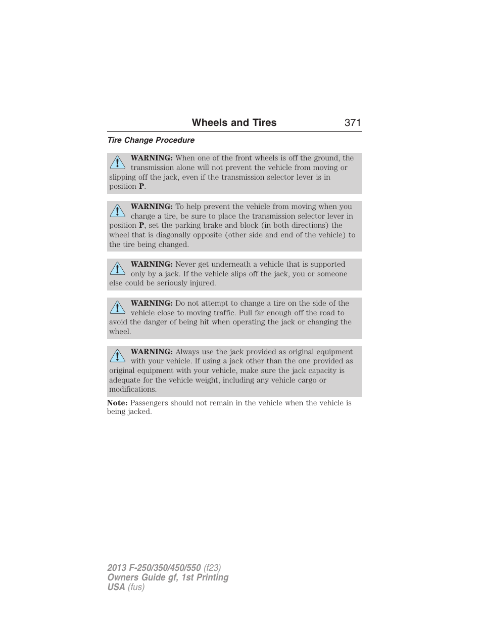 Tire change procedure, Wheels and tires 371 | FORD 2013 F-550 v.1 User Manual | Page 372 / 563