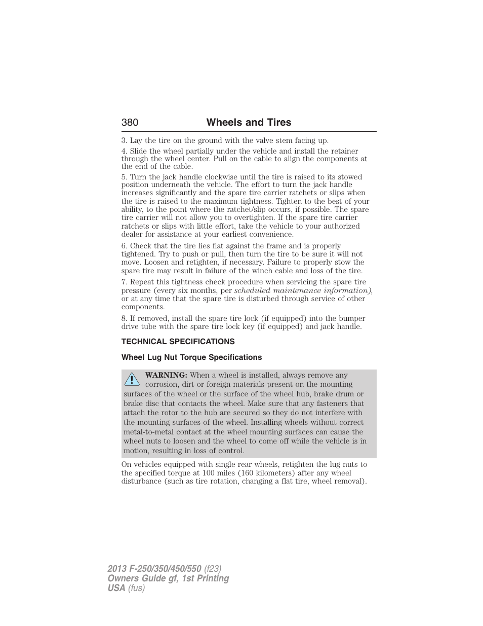 Technical specifications, Wheel lug nut torque specifications, Wheel lug nut torque | 380 wheels and tires | FORD 2013 F-550 v.1 User Manual | Page 381 / 563