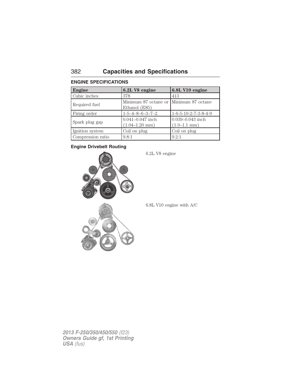 Capacities and specifications, Engine specifications, Engine drivebelt routing | Engine drivebelt, 382 capacities and specifications | FORD 2013 F-550 v.1 User Manual | Page 383 / 563
