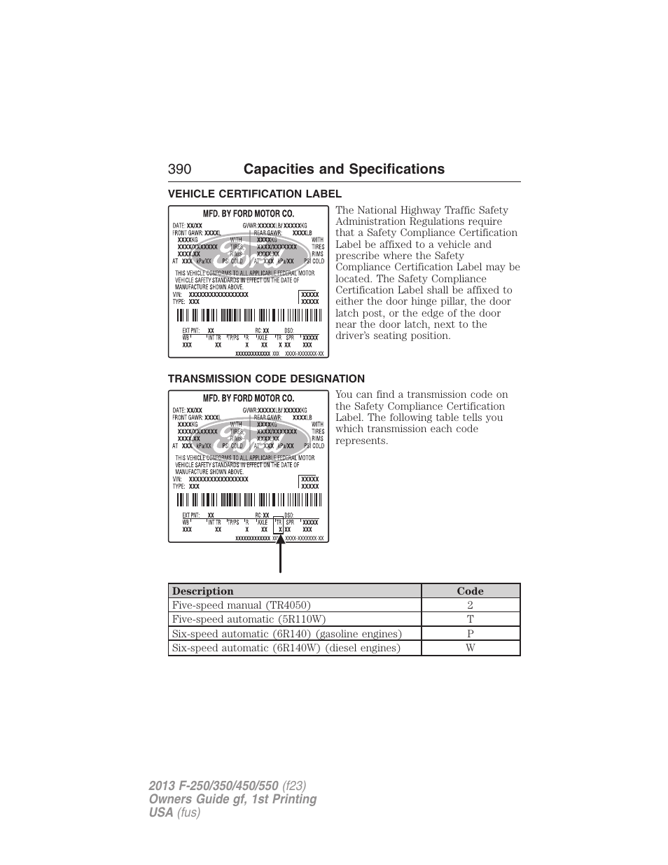 Vehicle certification label, Transmission code designation, 390 capacities and specifications | FORD 2013 F-550 v.1 User Manual | Page 391 / 563