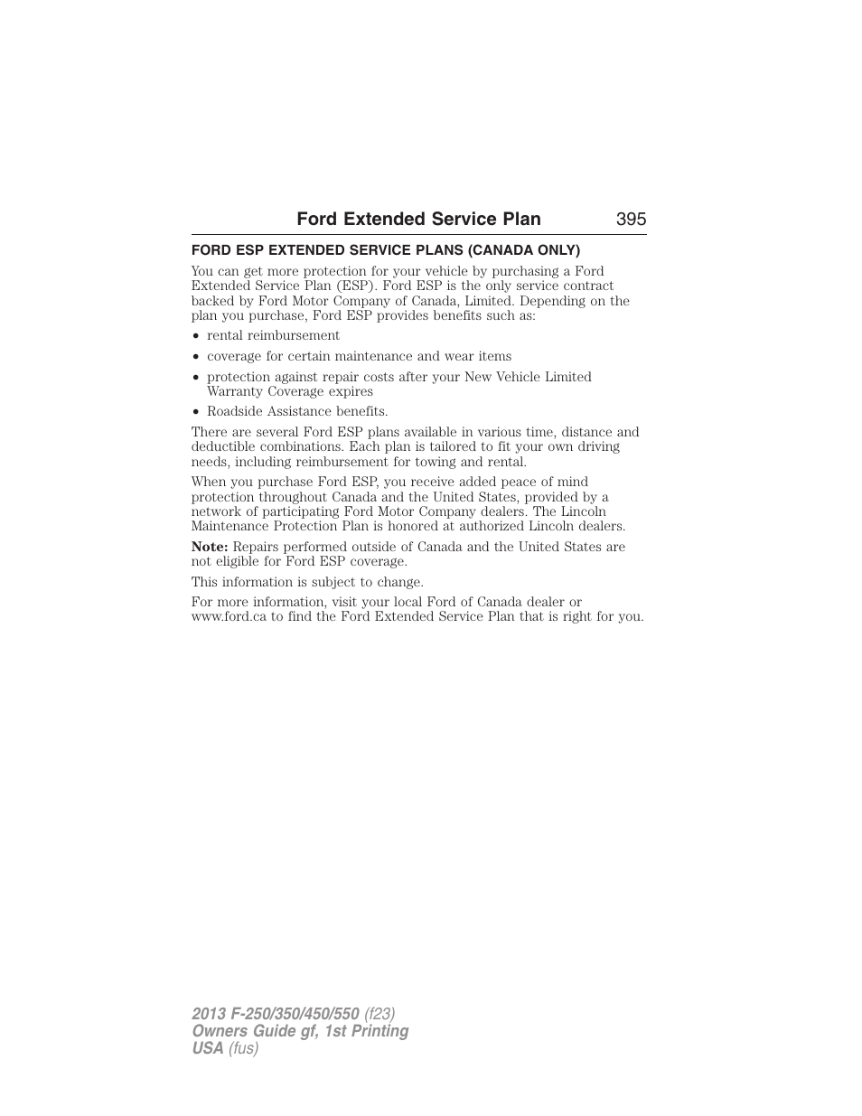 Ford esp extended service plans (canada only), Ford extended service plan 395 | FORD 2013 F-550 v.1 User Manual | Page 396 / 563