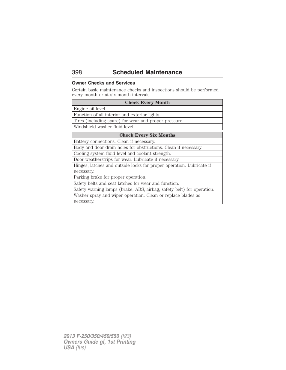 Owner checks and services, 398 scheduled maintenance | FORD 2013 F-550 v.1 User Manual | Page 399 / 563