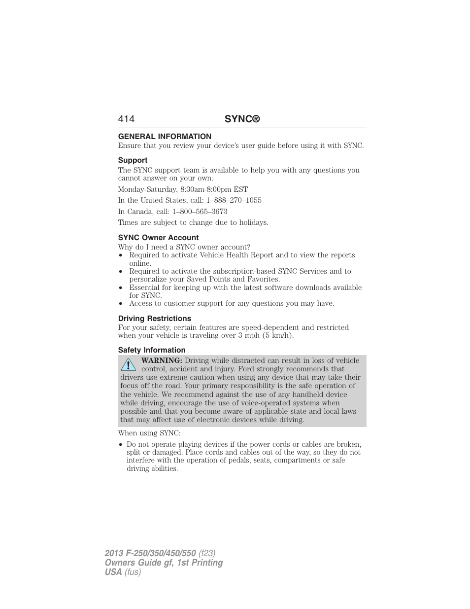 General information, Support, Sync owner account | Driving restrictions, Safety information, 414 sync | FORD 2013 F-550 v.1 User Manual | Page 415 / 563