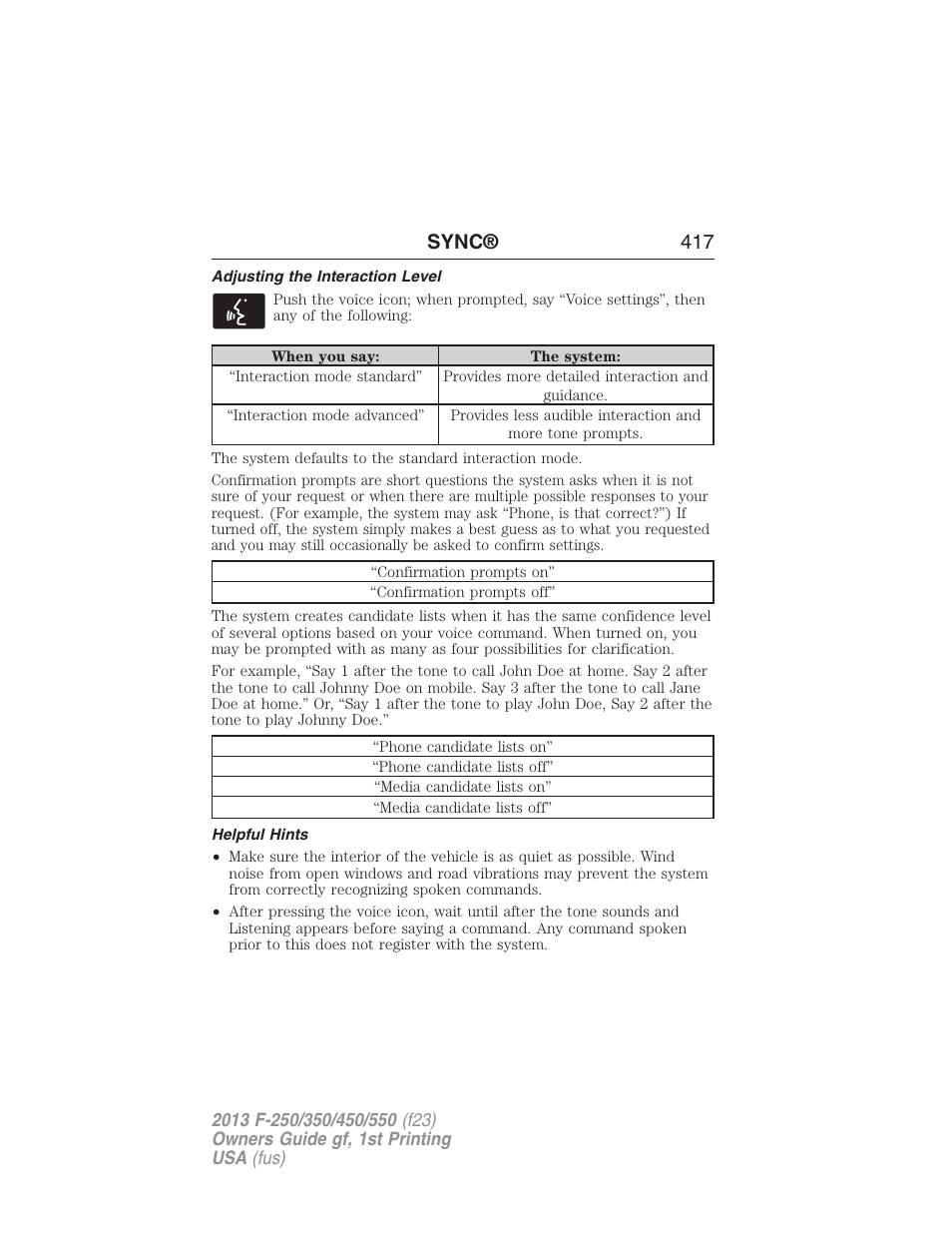 Adjusting the interaction level, Helpful hints, Sync® 417 | FORD 2013 F-550 v.1 User Manual | Page 418 / 563