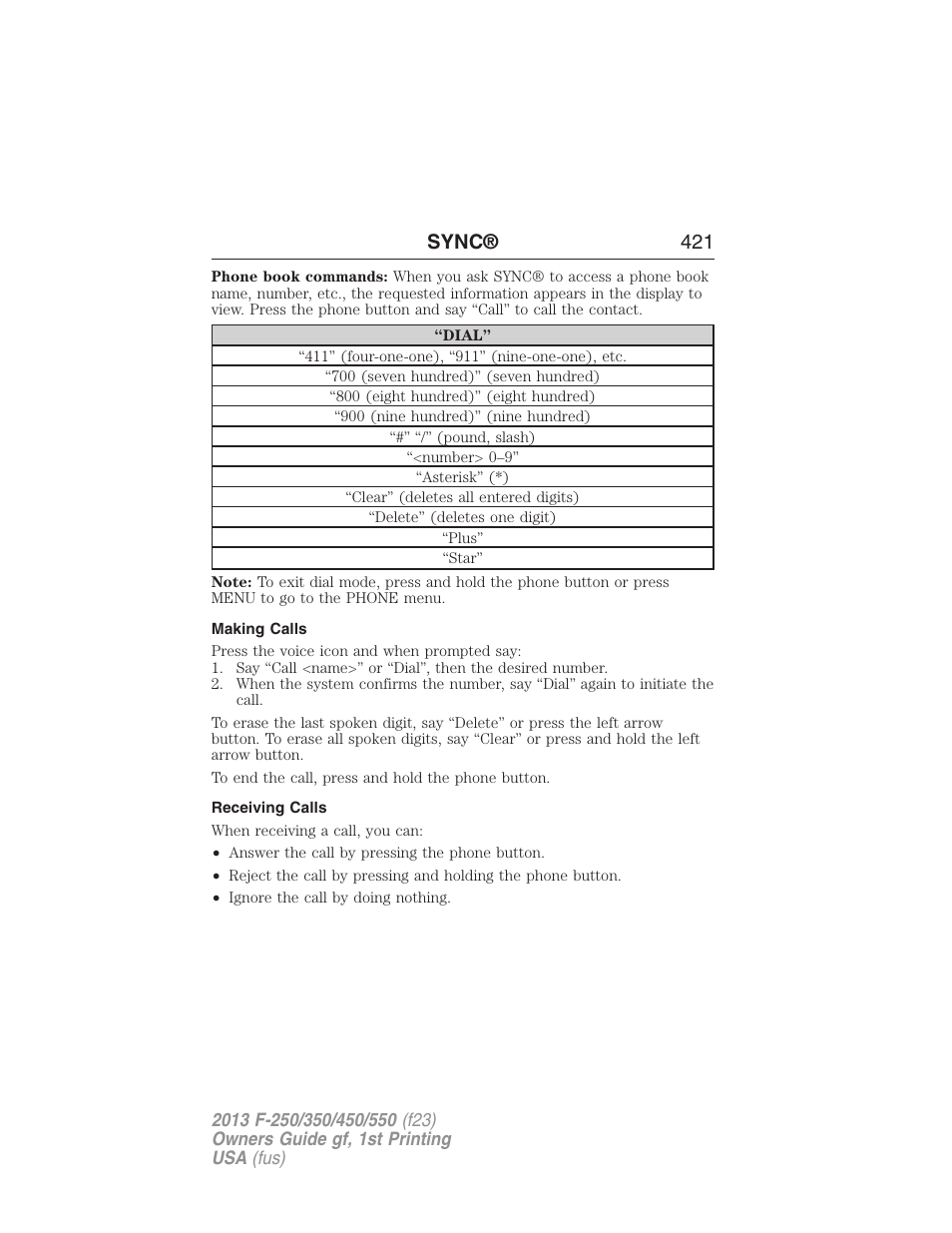 Making calls, Receiving calls, Sync® 421 | FORD 2013 F-550 v.1 User Manual | Page 422 / 563