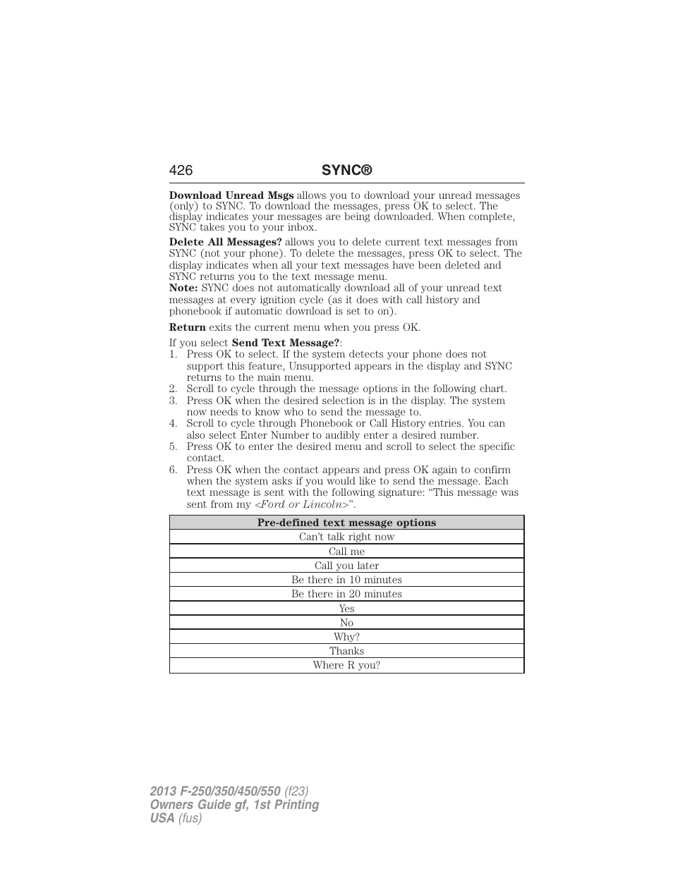 426 sync | FORD 2013 F-550 v.1 User Manual | Page 427 / 563