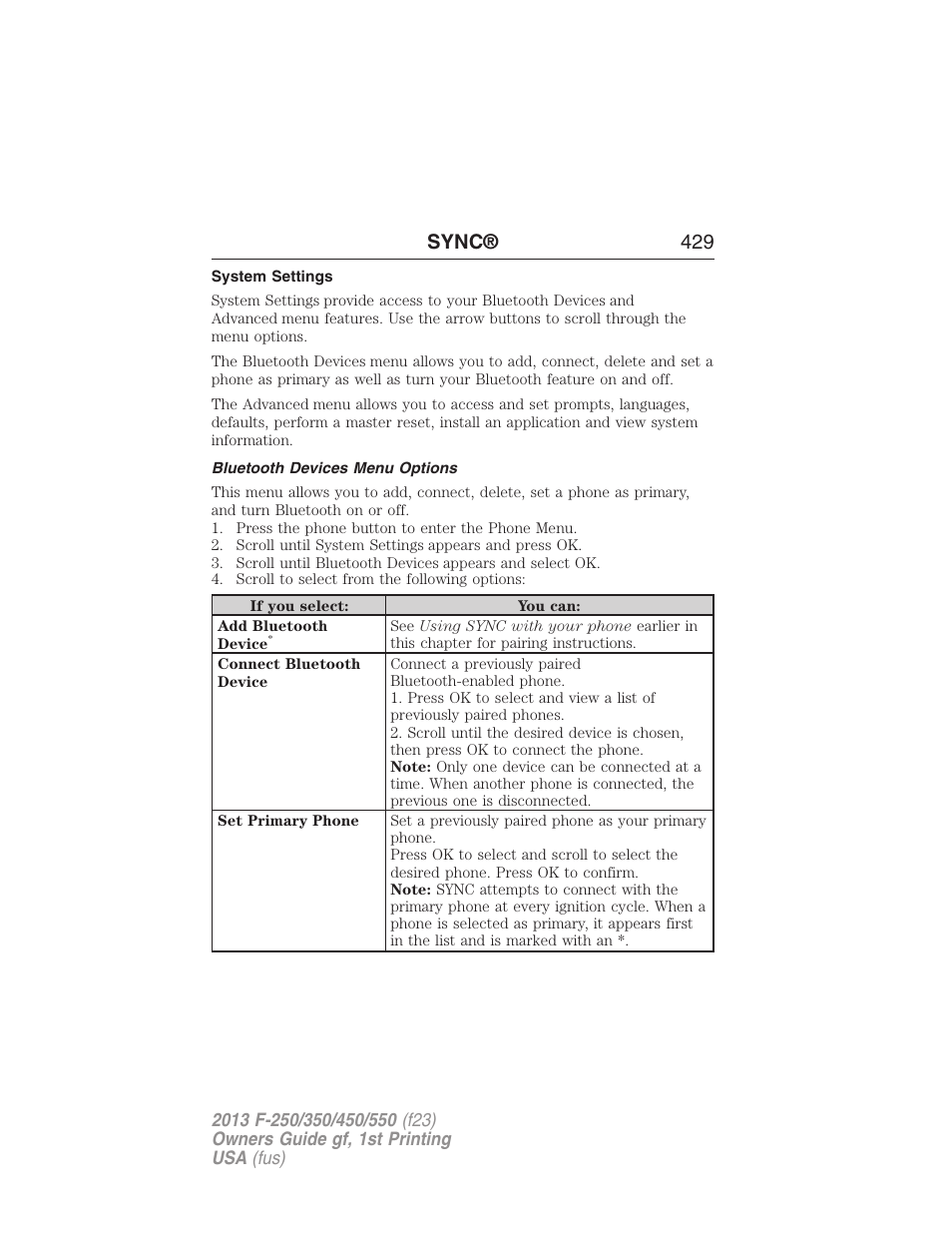 System settings, Bluetooth devices menu options, Sync® 429 | FORD 2013 F-550 v.1 User Manual | Page 430 / 563