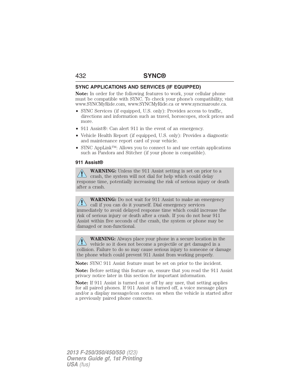 Sync applications and services (if equipped), 911 assist, 432 sync | FORD 2013 F-550 v.1 User Manual | Page 433 / 563