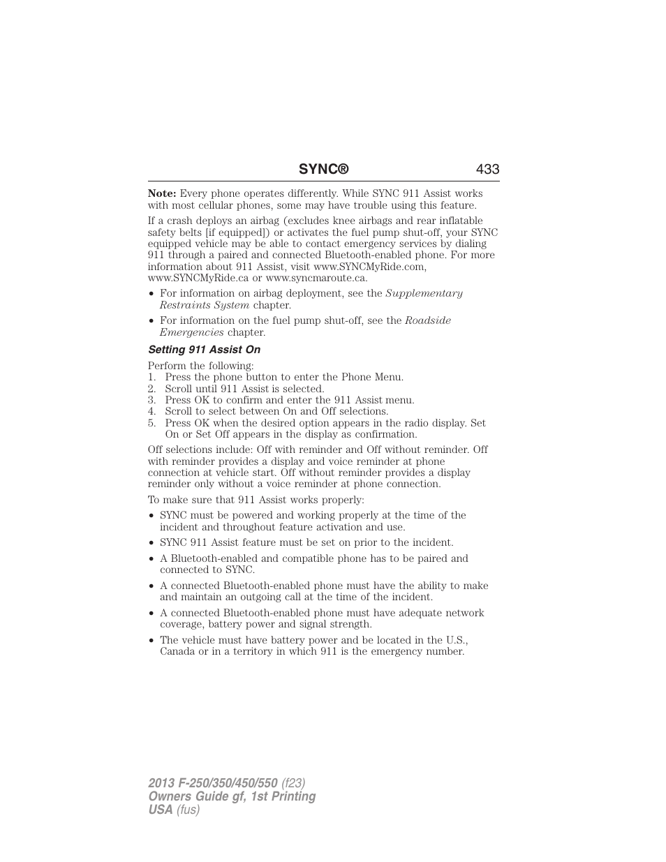 Setting 911 assist on, Sync® 433 | FORD 2013 F-550 v.1 User Manual | Page 434 / 563