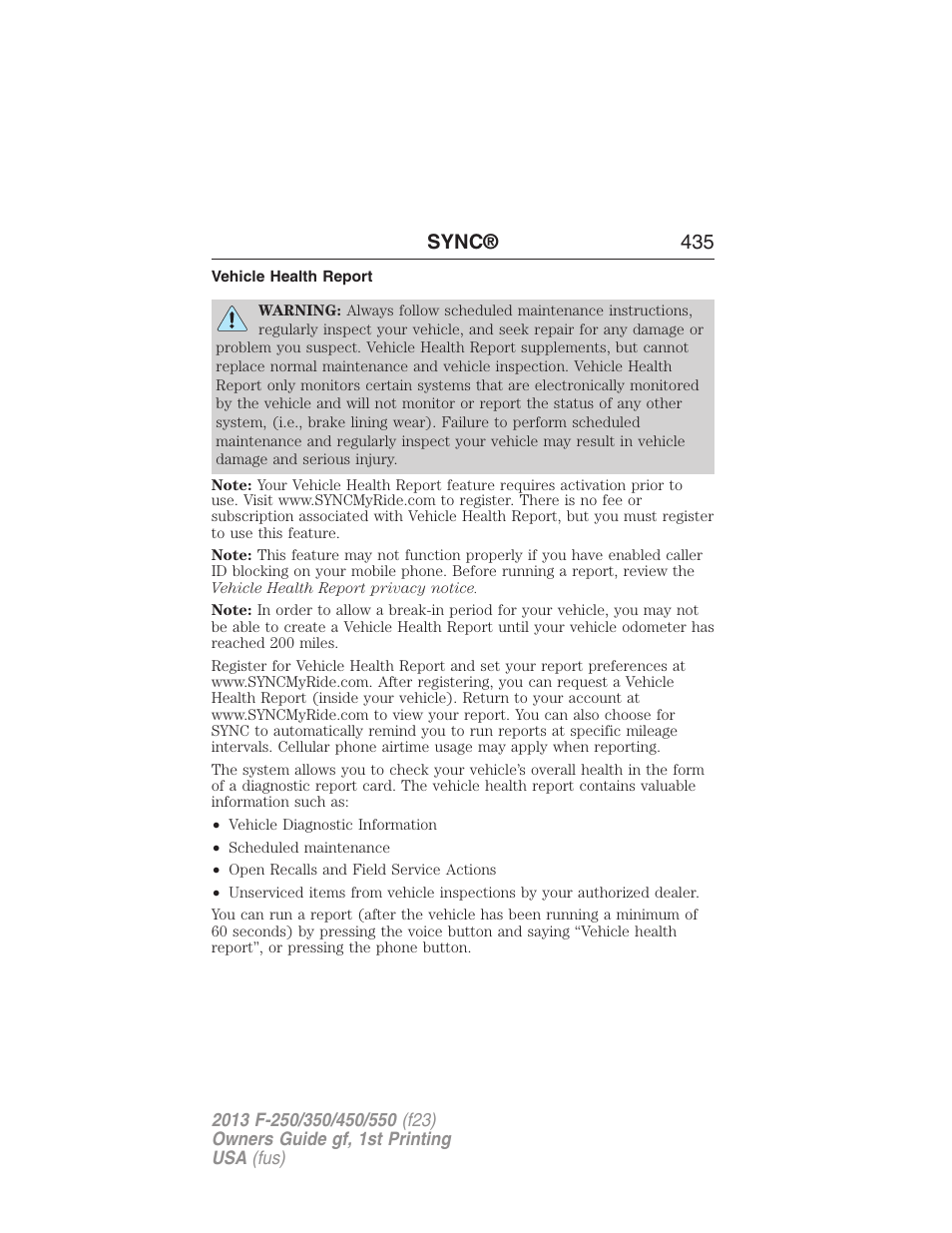 Vehicle health report, Sync® 435 | FORD 2013 F-550 v.1 User Manual | Page 436 / 563