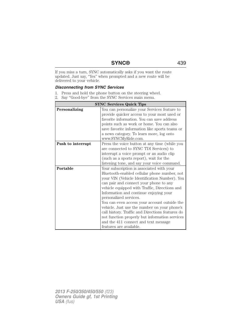 Disconnecting from sync services, Sync® 439 | FORD 2013 F-550 v.1 User Manual | Page 440 / 563