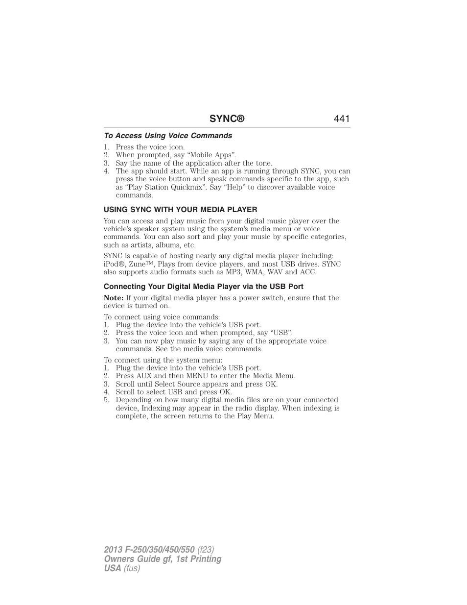 To access using voice commands, Using sync with your media player, Sync® 441 | FORD 2013 F-550 v.1 User Manual | Page 442 / 563