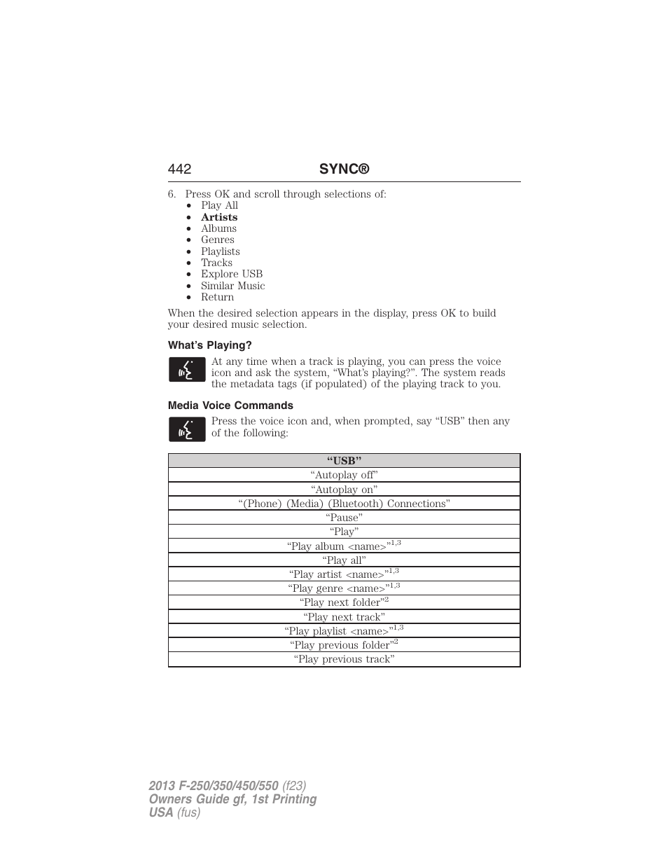 What’s playing, Media voice commands, 442 sync | FORD 2013 F-550 v.1 User Manual | Page 443 / 563