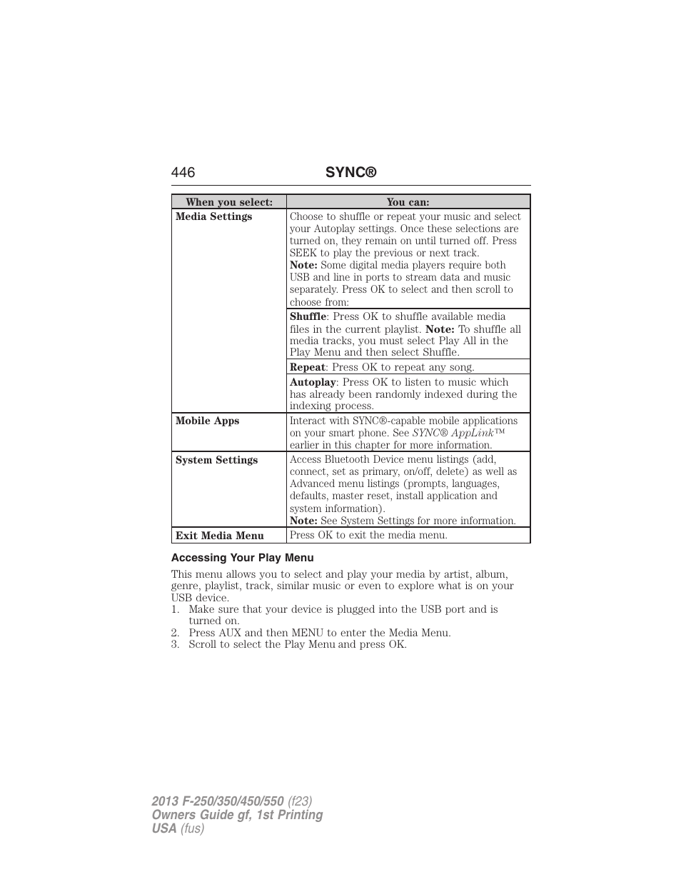 Accessing your play menu, 446 sync | FORD 2013 F-550 v.1 User Manual | Page 447 / 563