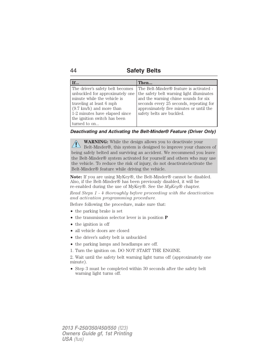 44 safety belts | FORD 2013 F-550 v.1 User Manual | Page 45 / 563