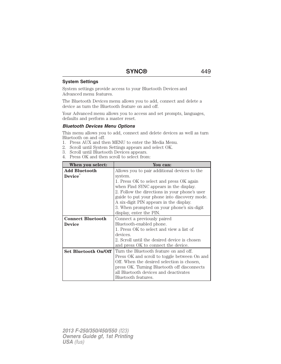 System settings, Bluetooth devices menu options, Sync® 449 | FORD 2013 F-550 v.1 User Manual | Page 450 / 563